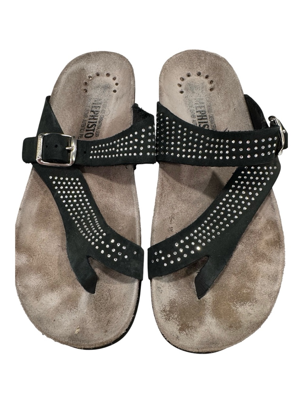 MEPHISTO “Helena Spark” black nubuck slide sandals, rhinestones on straps, 8